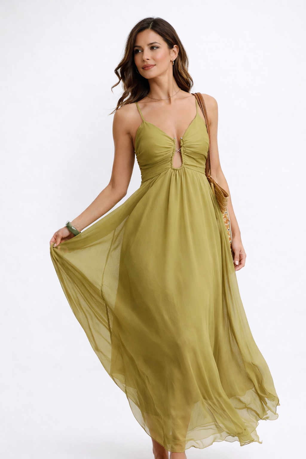 Vinila | Vestido largo verde con fruncidos