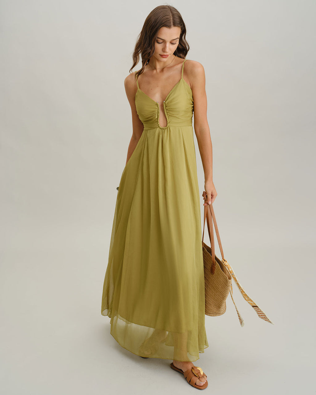 Vinila | Vestido largo verde con fruncidos