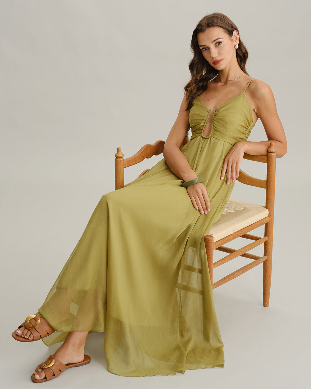 Vinila | Vestido largo verde con fruncidos