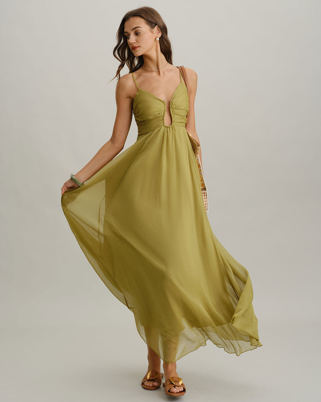 Vinila | Vestido largo verde con fruncidos